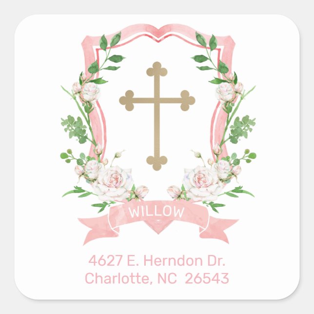 Blush Floral Baptism Return Address Square Sticker (Front)