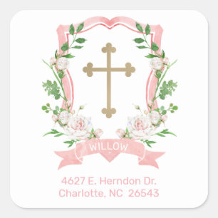 Blush Floral Baptism Return Address Square Sticker