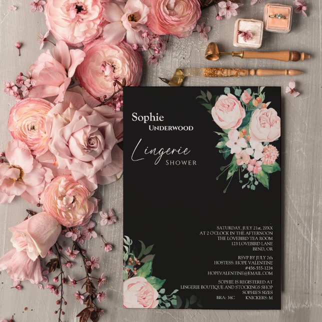 Blush Floral Black Bridal Lingerie Shower Invitation (Creator Uploaded)