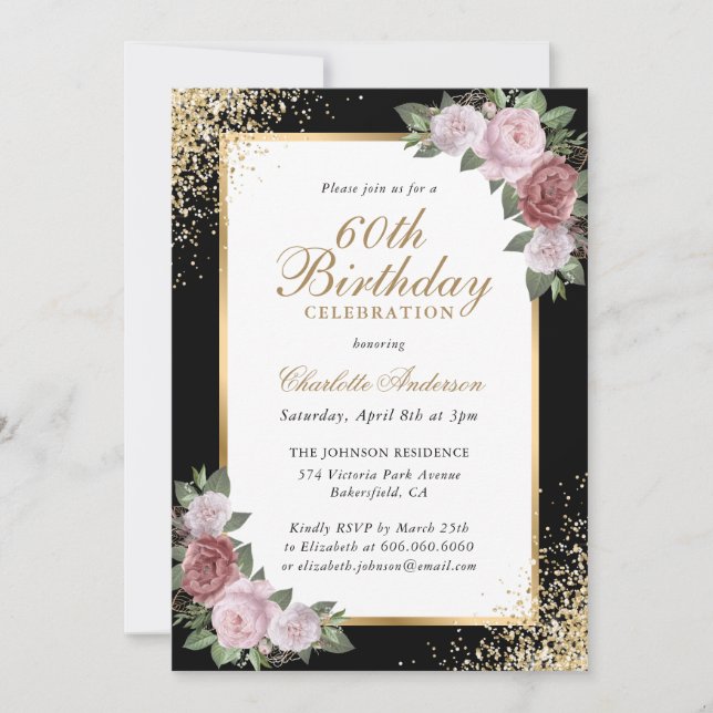 Blush Floral Black Gold Confetti 60th Birthday Invitation (Front)