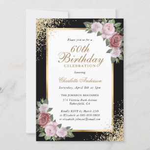 Blush Floral Black Gold Confetti 60th Birthday Invitation