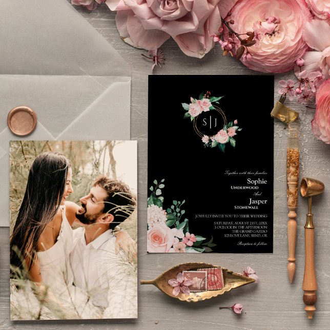 Blush Floral Black Monogram Photo Wedding Invitation (Creator Uploaded)