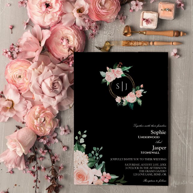 Blush Floral Black Monogram Wedding Invitation (Creator Uploaded)