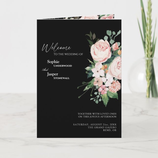 Blush Floral Black Wedding Folded Program (Front)