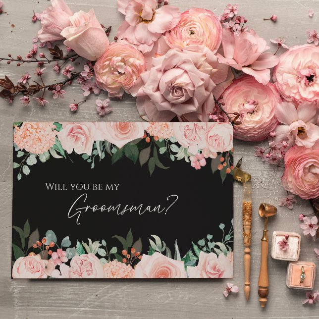 Blush Floral Black Wedding Groomsman Proposal Card (Creator Uploaded)