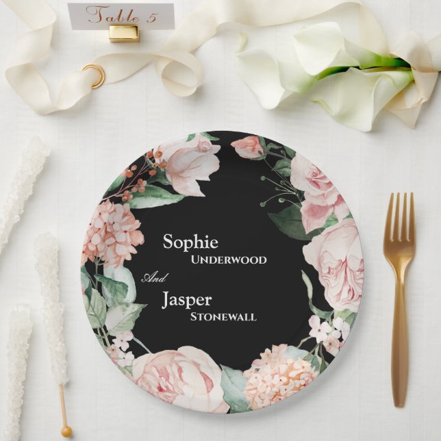 Blush Floral Black Wedding Paper Plate (Wedding)