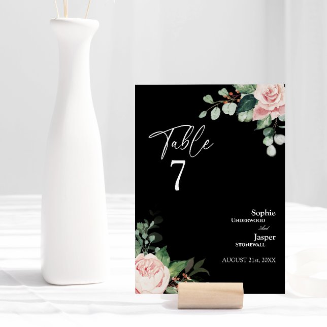 Blush Floral Black Wedding Table Number Card (Creator Uploaded)