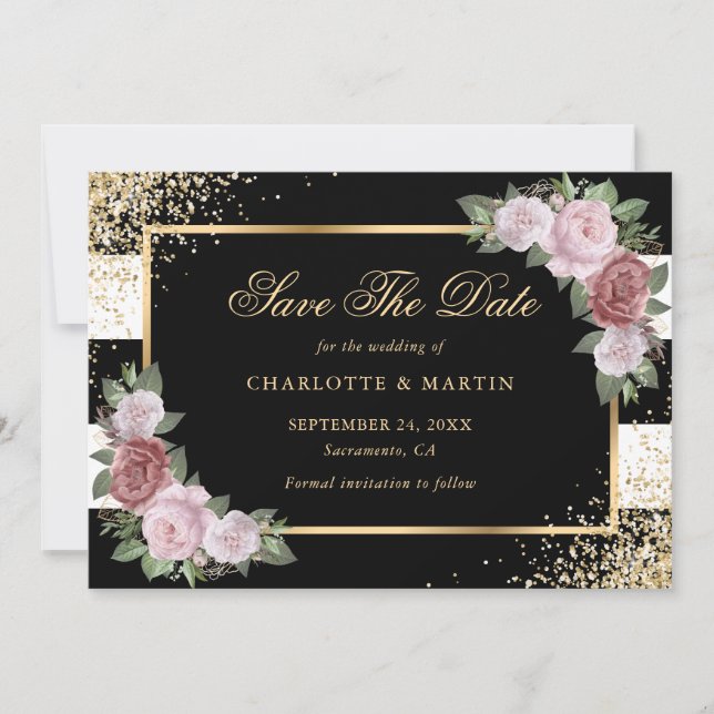 Blush Floral Black White Gold Glitter Wedding Save The Date (Front)