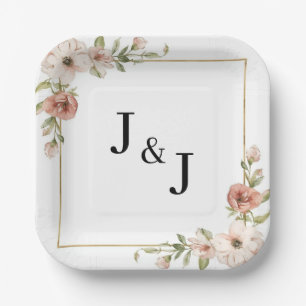 Blush Floral Blooming Frame Initials Wedding Paper Plate