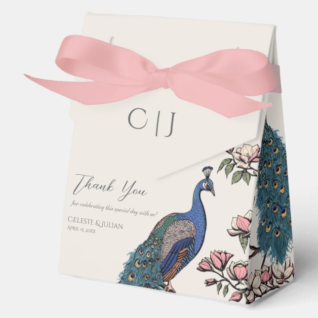 Blush Floral Blue Teal Peacocks & Magnolia Flowers Favor Box (Front)