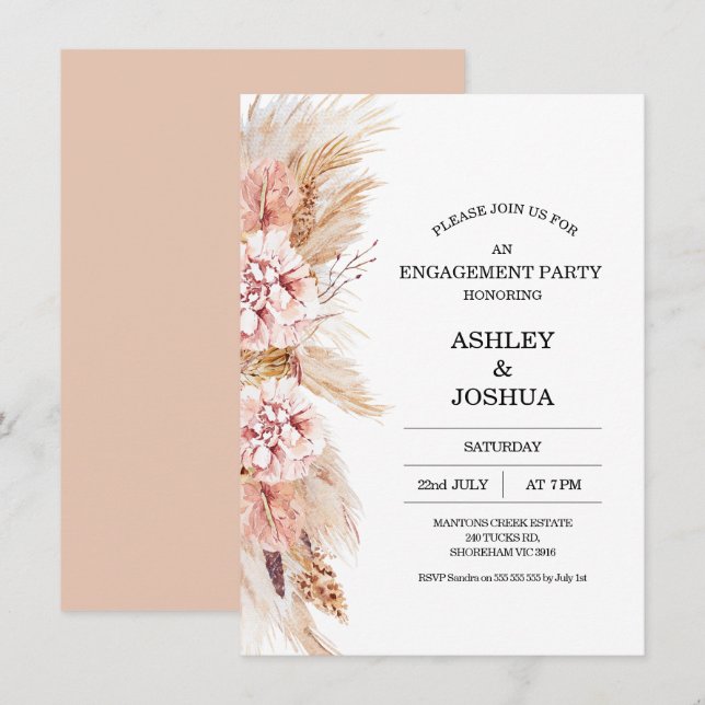 Blush Floral Boho Pampas Grass Engagement Invitation (Front/Back)