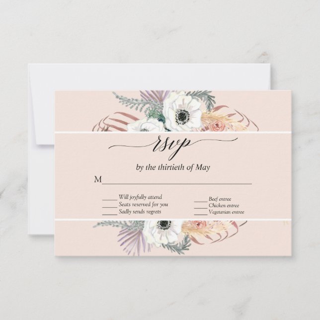 Blush Floral Boho Pampas Grass Palm Foliage RSVP Card (Front)