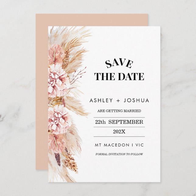 Blush Floral Boho Pampas Grass Save The Date Card (Front/Back)