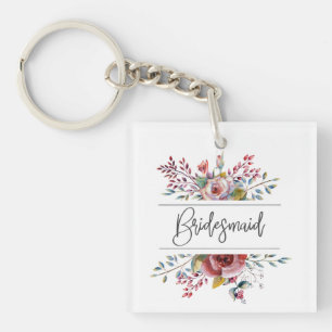 Blush Floral Bouquet Bridesmaid Square Keychain