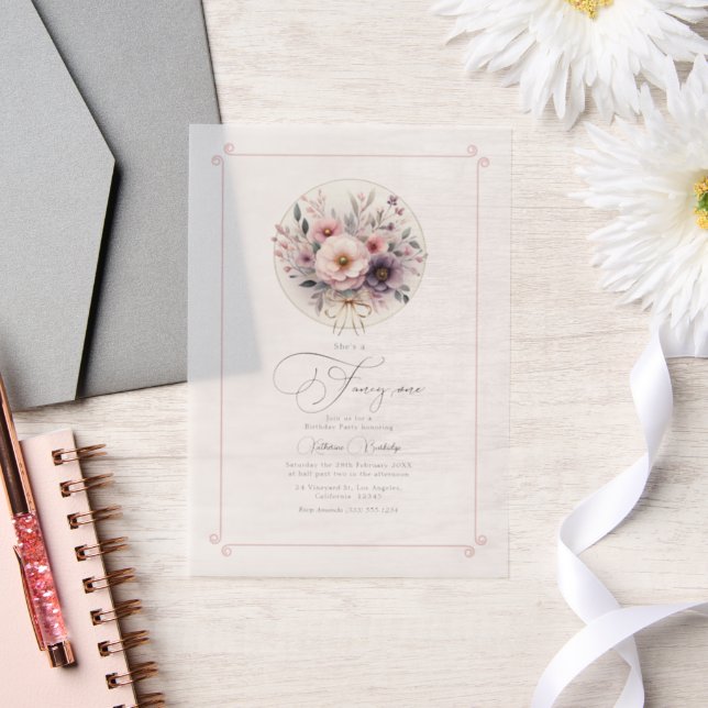 Blush Floral Bow "Fancy One" First Birthday Vellum Invitations (Wedding)
