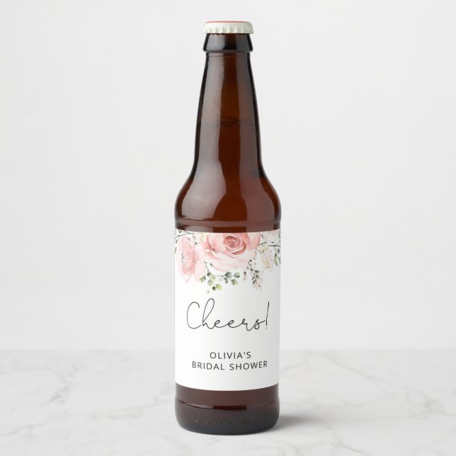 Blush floral bridal shower beer bottle beer bottle label (Front)