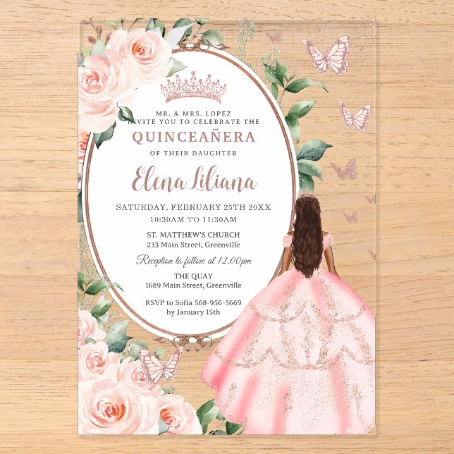 Blush Floral Brown Princess Rose Gold Quinceañera  Acrylic Invitations (Front)