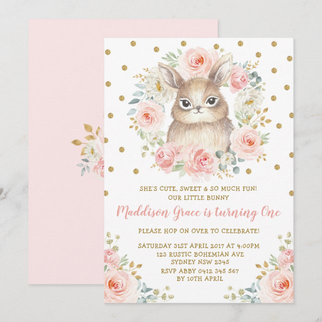 Blush Floral Bunny Rabbit 1st Birthday Pink Gold Invitation (Front/Back)
