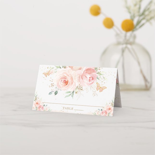 Blush Floral Butterflies Quinceañera 16 Birthday  Place Card (Front)