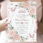 Blush Floral Butterflies Rose Gold Quinceañera  Invitation<br><div class="desc">Personalize this elegant blush pink floral Quinceañera / Sweet 16 birthday invitation card easily and quickly. Simply click the Edit Using Designs Tools button to further edit the texts, change fonts and fonts colours. Featuring soft watercolor blush pink roses, rose gold butterflies and a rose gold princess crown. Perfect for...</div>