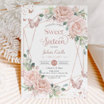 Blush Floral Butterflies Rose Gold Sweet Sixteen Invitation<br><div class="desc">Personalize this elegant blush pink floral Sweet 16 birthday invitation card easily and quickly. Simply click the Edit Using Designs Tools button to further edit the texts, change fonts and fonts colours. Featuring soft watercolor blush pink roses, rose gold butterflies and a modern rose gold geometric frame. Matching items available...</div>