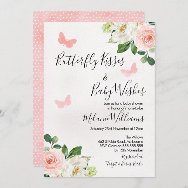 Blush Floral Butterfly Baby Shower Invitation (Front/Back)