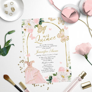 Blush Floral Butterfly Enchanted Quinceanera Invitation