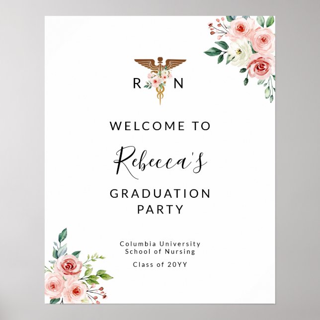 Blush Floral Caduceus Nurse Graduate Welcome Party Poster (Front)