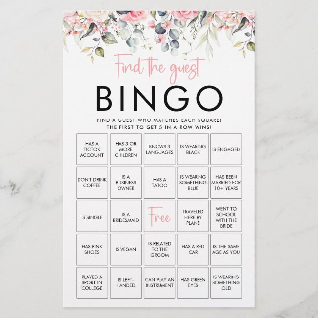 Blush Floral | Carte de jeu de Bingo pour invités (Devant)