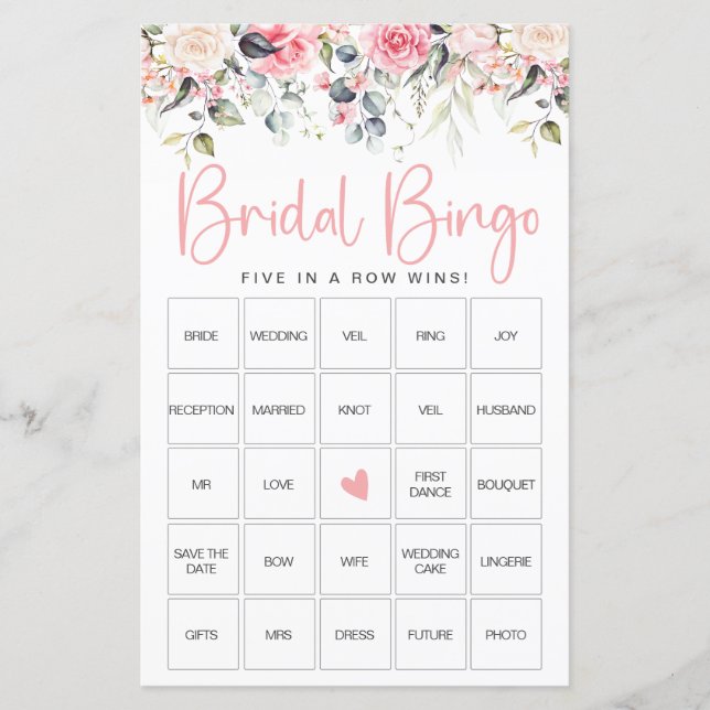 Blush Floral | Carte de jeu de Bingo pour la douch (Devant)