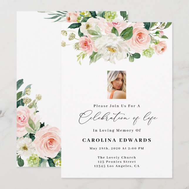 Blush Floral Celebration Of Life Invitations (Front/Back)