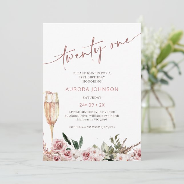 Blush Floral Champagne Glass 21st Birthday  Invitation (Standing Front)