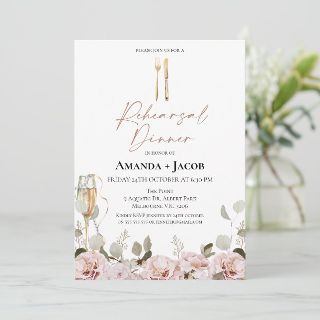Blush Floral Champagne Glass Rehearsal Dinner  Invitation (Standing Front)