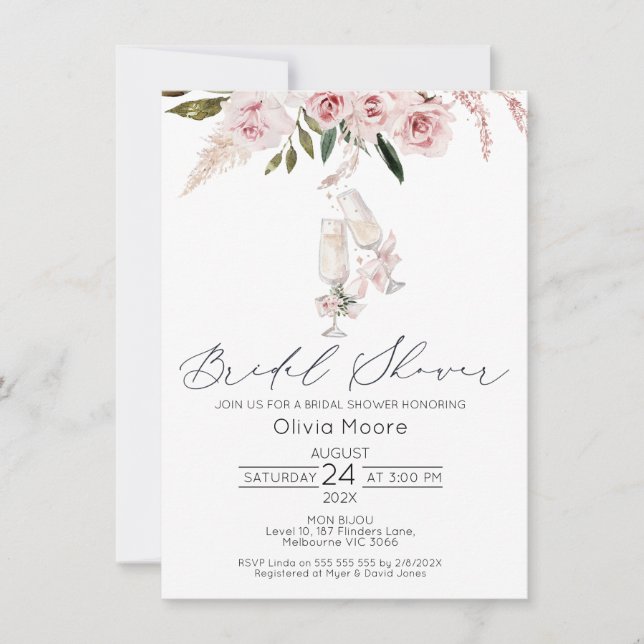 Blush Floral Champagne Glasses Bridal Shower Invitation (Front)