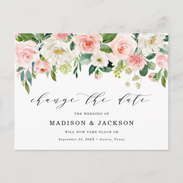 Blush Floral Change The Date Wedding Postponement Announcement Postcard (Front)