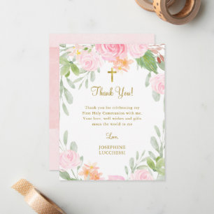 Blush Floral Communion or Baptism Thank You Card