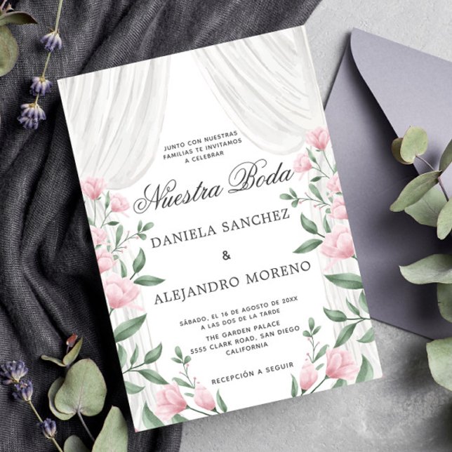 Blush Floral Curtain Nuestra Boda Spanish Wedding Invitation (Creator Uploaded)