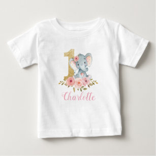 Blush Floral Cute Baby Elephant 1st Birthday Baby Baby T-Shirt