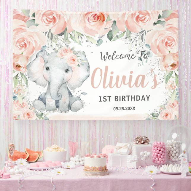 Blush Floral Cute Elephant 1st Birthday Backdrop Banner (Party)