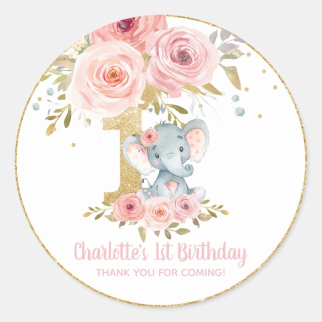 Blush Floral Cute Elephant 1st Birthday One Favour Classic Round Sticker (Front)