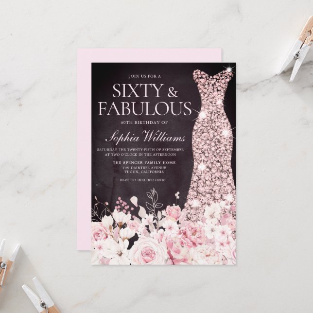 Blush Floral & Dress Burgundy 60th Birthday Party Invitation (Front/Back In Situ)