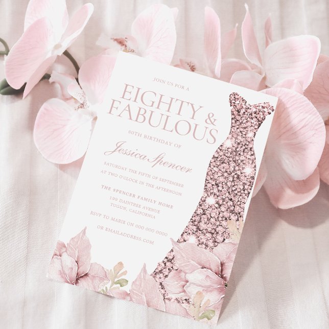Blush Floral & Dress Glitter 80th Birthday Party Invitation (Creator Uploaded)