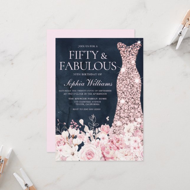Blush Floral & Dress Navy 50th Birthday Party Invitation (Front/Back In Situ)