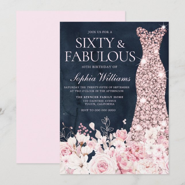 Blush Floral & Dress Navy 60th Birthday Party Invitation (Front/Back)
