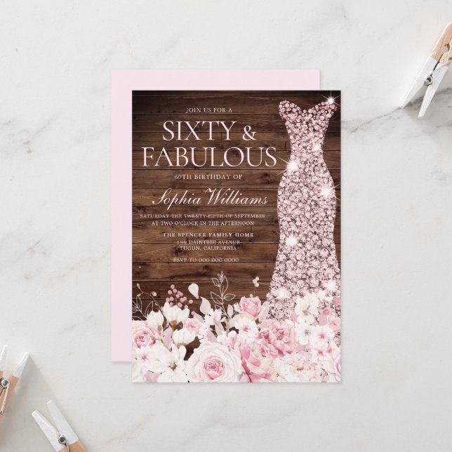 Blush Floral & Dress Rustic 60th Birthday Party Invitation (Front/Back In Situ)