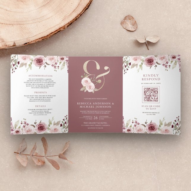 Blush Floral Dusty Rose Ampersand QR Code Wedding Tri-Fold Invitation (Creator Uploaded)