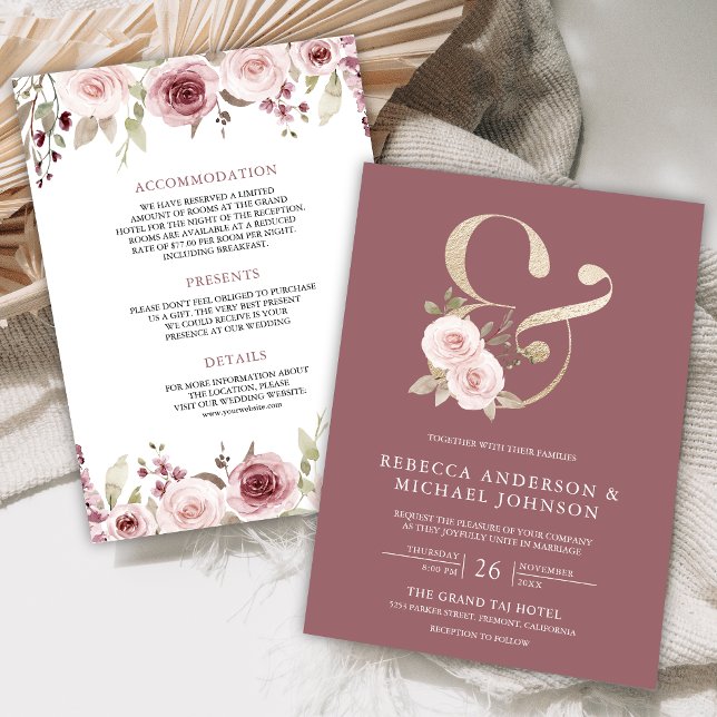 Blush Floral Dusty Rose Ampersand Wedding Invitation (Creator Uploaded)