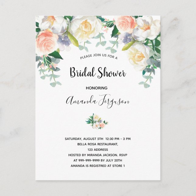Blush floral eacalyptus bridal shower invitation postcard (Front)