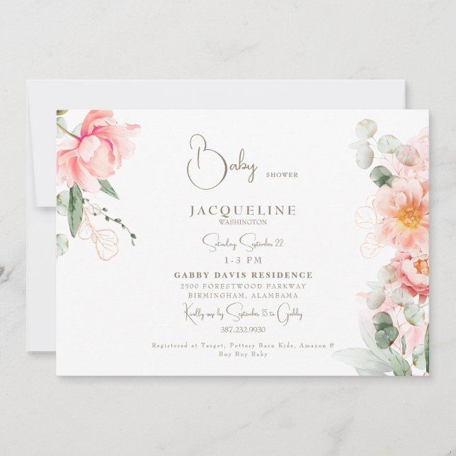 Blush Floral Elegant Baby Girl shower Horizontal Invitation (Front)