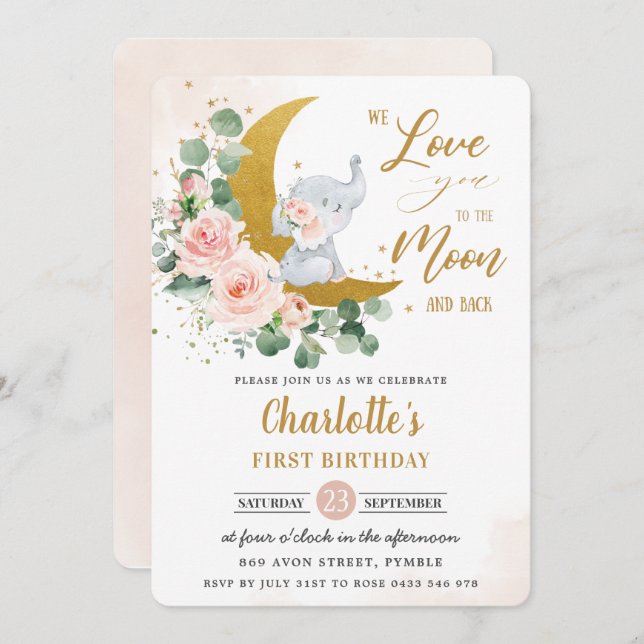 Blush Floral Elephant 1st Birthday Crescent Moon   Invitation (Front/Back)